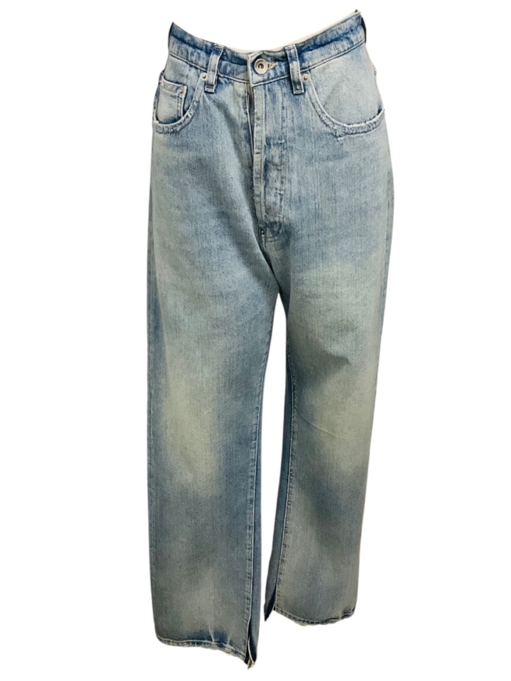Maison Margiela Light Blue Wide Leg Distressed Denim Jeans with Buckle Detail